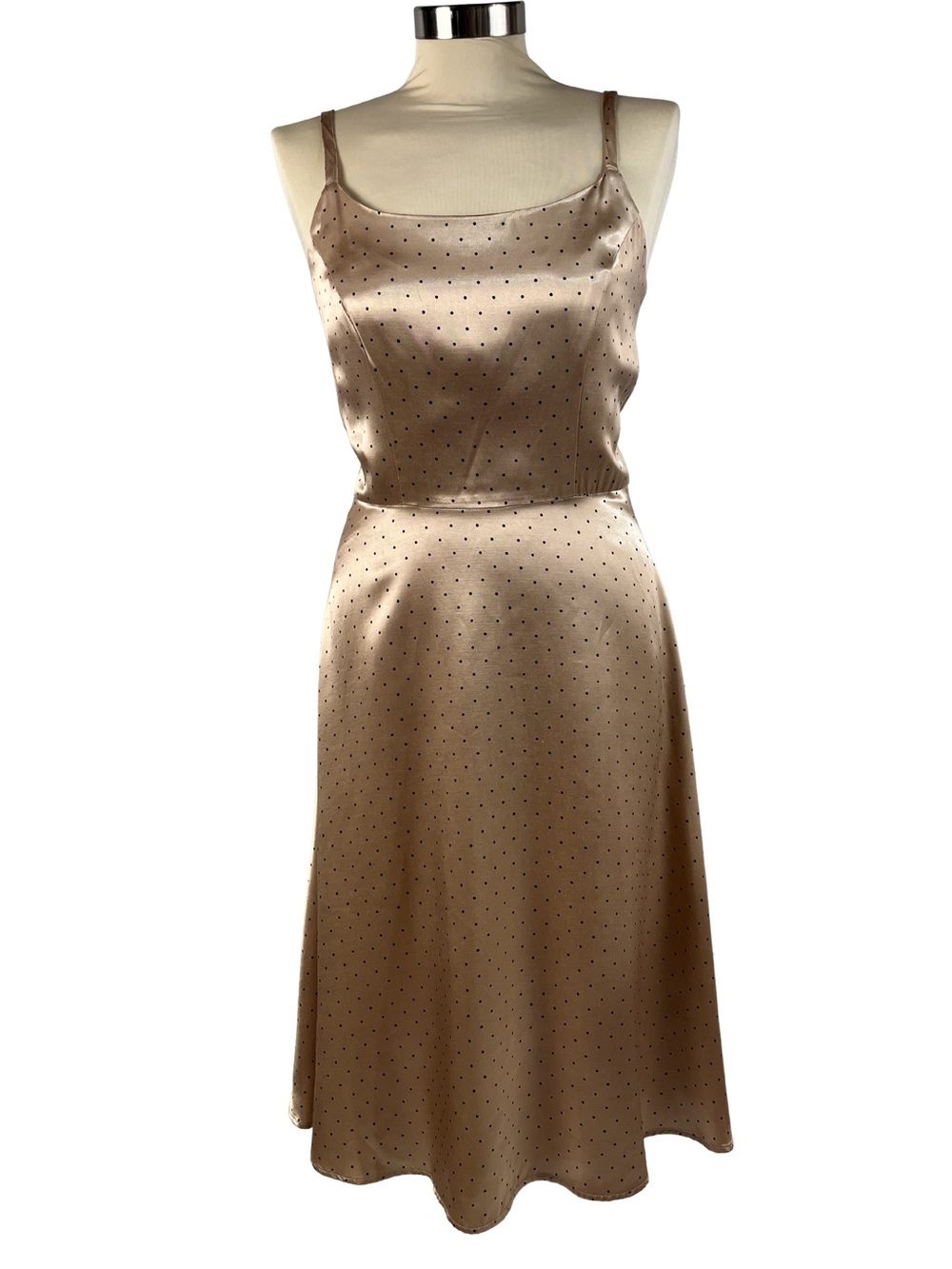 Vintage Y2K Robin Jordan Champagne Gold Satin Polka Dot Fit & Flare Dress Size 6